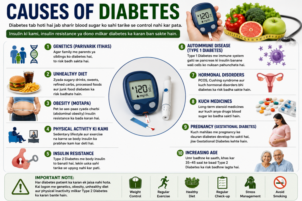 Common causes of diabetes including obesity genetics unhealthy diet insulin resistance physical inactivity pregnancy and hormonal disorders