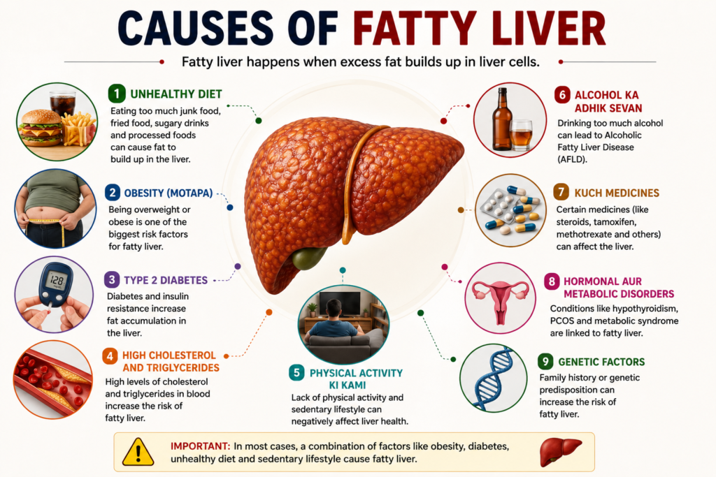 Common causes of fatty liver including obesity diabetes unhealthy diet alcohol high cholesterol and sedentary lifestyle