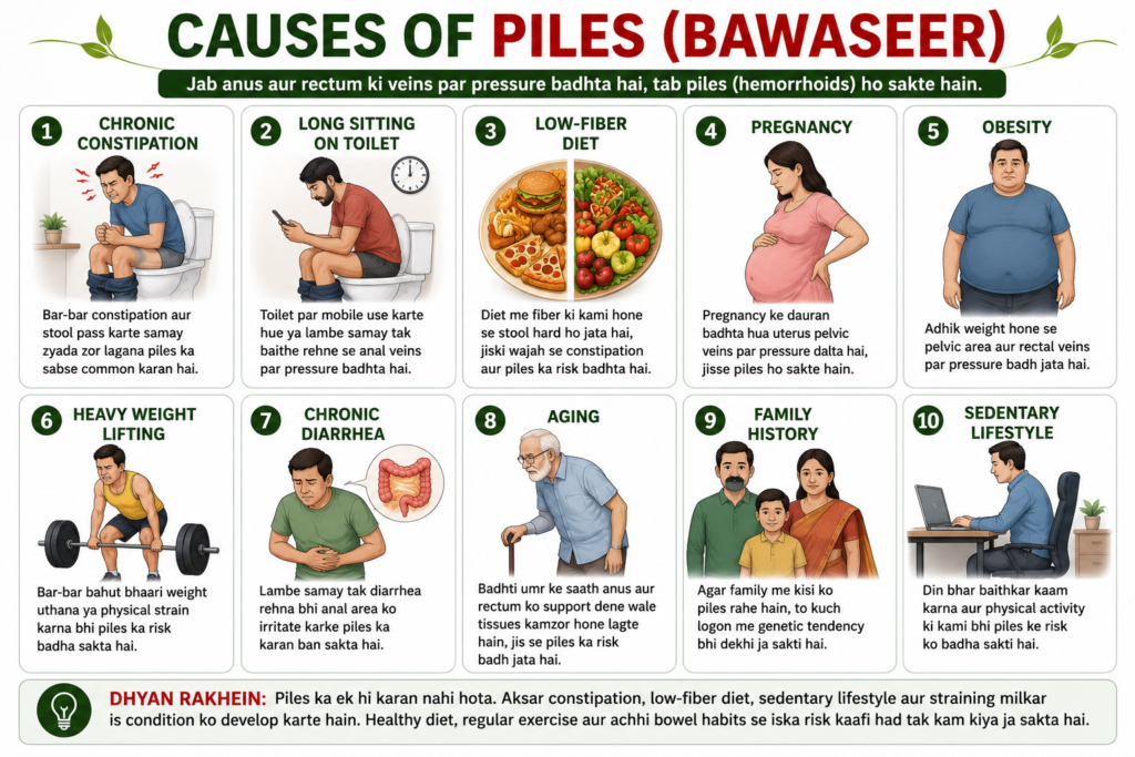 Common causes of piles including constipation, pregnancy, obesity, low fiber diet and prolonged sitting