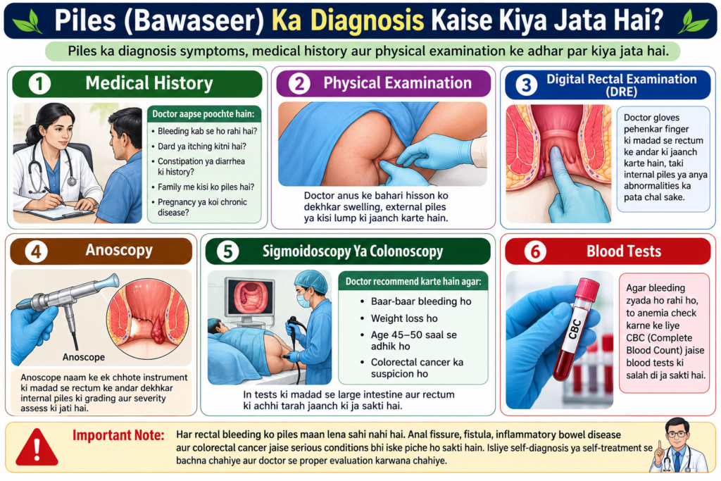 Diagnosis of piles including physical examination digital rectal examination anoscopy colonoscopy and blood tests