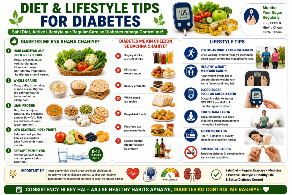 Diet and lifestyle tips for diabetes including healthy foods regular exercise blood sugar monitoring hydration and weight management