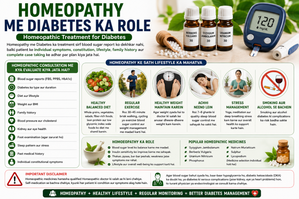 Homeopathic treatment for diabetes with blood sugar monitoring healthy diet exercise lifestyle management and personalized consultation