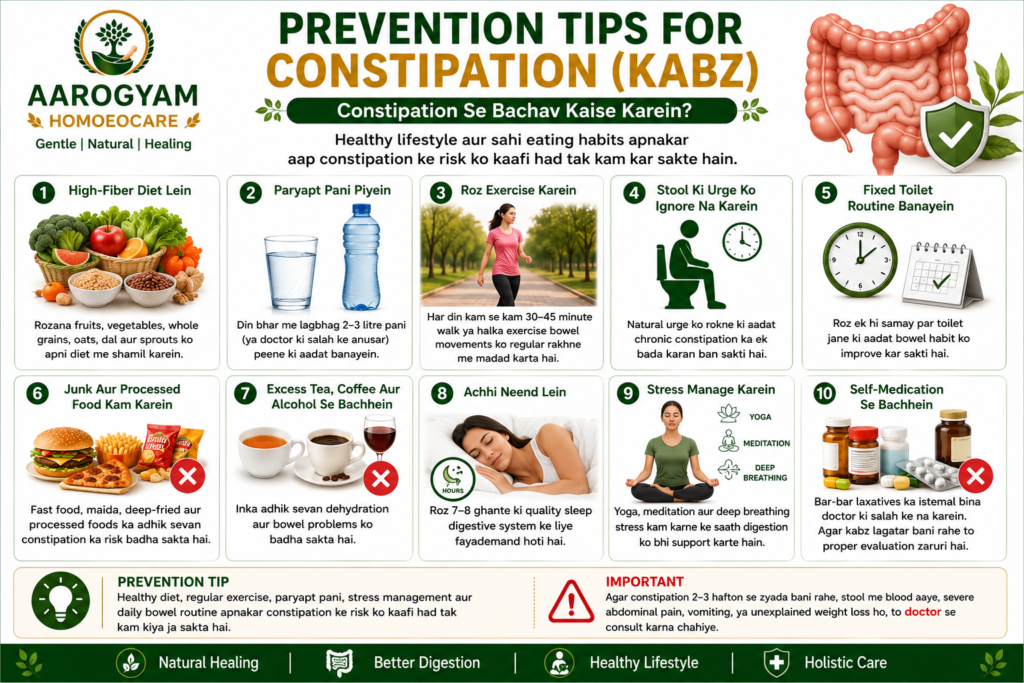 Prevention tips for constipation including high fiber diet hydration exercise stress management and regular bowel habits