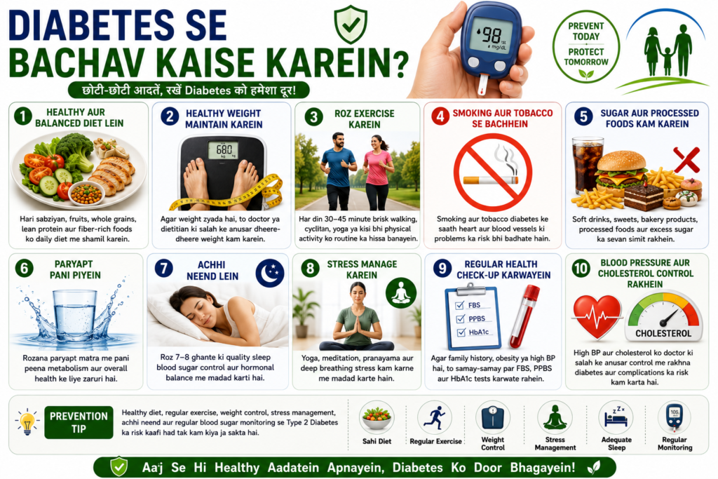 Prevention tips for diabetes including healthy diet regular exercise weight management blood sugar monitoring stress control and adequate sleep