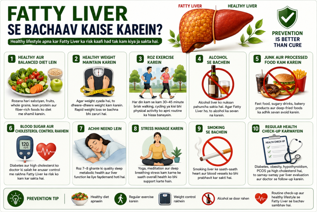 Prevention tips for fatty liver including healthy diet exercise weight management avoiding alcohol regular health checkups and stress management