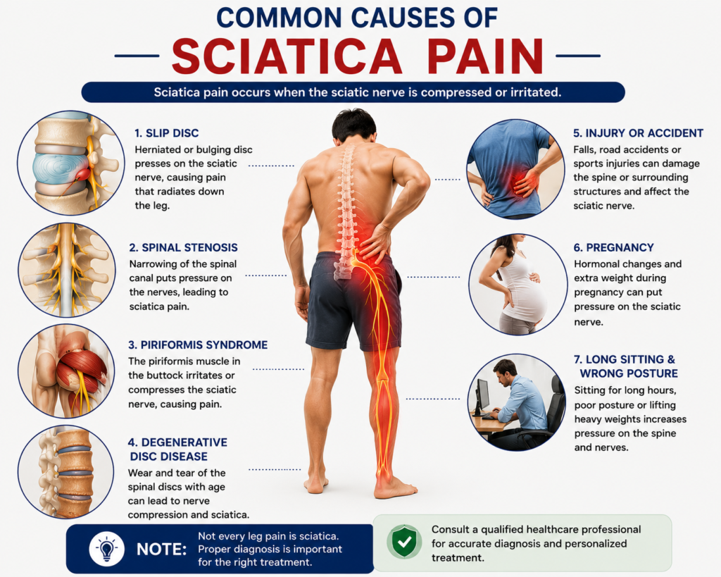 Common Causes of Sciatica Pain including Slip Disc and Spinal Stenosis