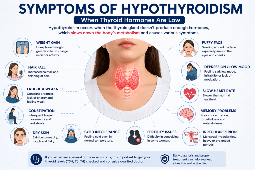 Symptoms of Hypothyroidism - Weight Gain Hair Fall Fatigue Constipation Dry Skin
